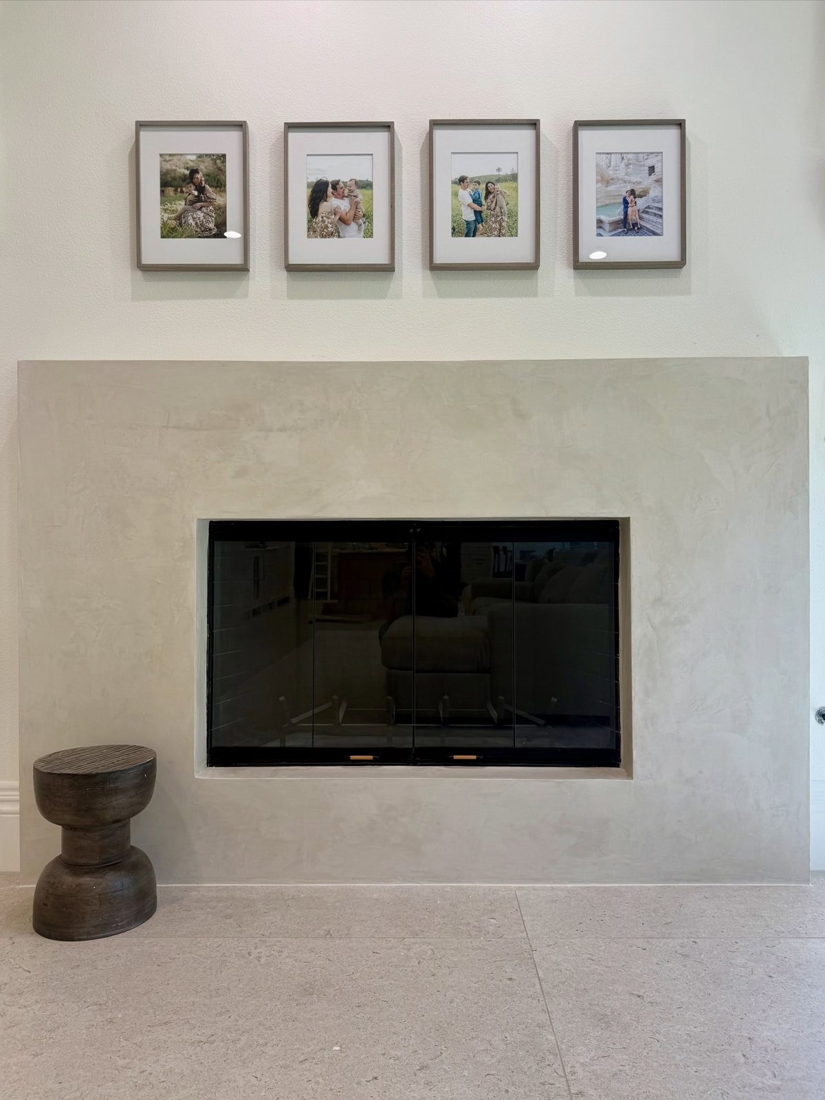 Fireplace remodel after, Venetian plaster surround